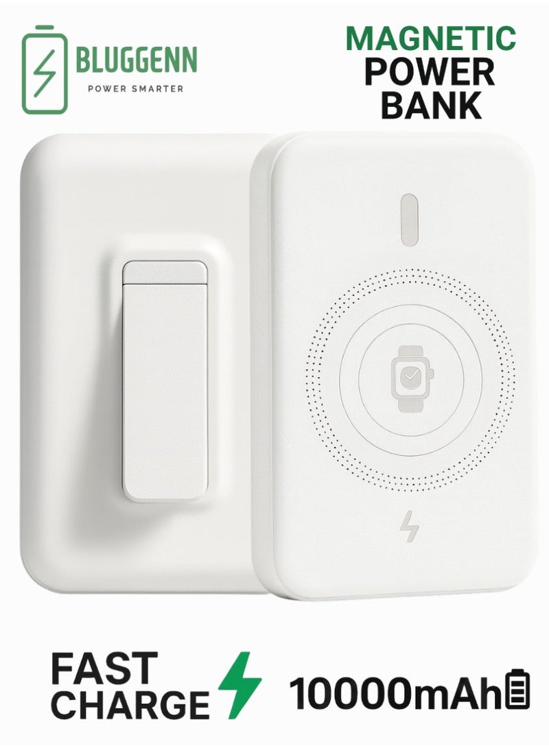 Bluggenn 10000mAh Magnetic Wireless Power Bank – 20W Fast Charging, ⚡ 🔋🚀 Built-in Foldable Kickstand, Compact Battery Pack with LED Indicator, Air Travel Approved – For iPhone & MagSafe Devices. - Image 1